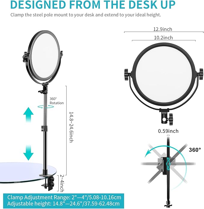 GVM Desk Mount LED Video Light, 10'' Round Key Light with Built-in Diffuser and LCD Display, Bi-Color Professional Light for Game/Studio/Streaming/YouTube Video Shooting, APP Control CRI 97+