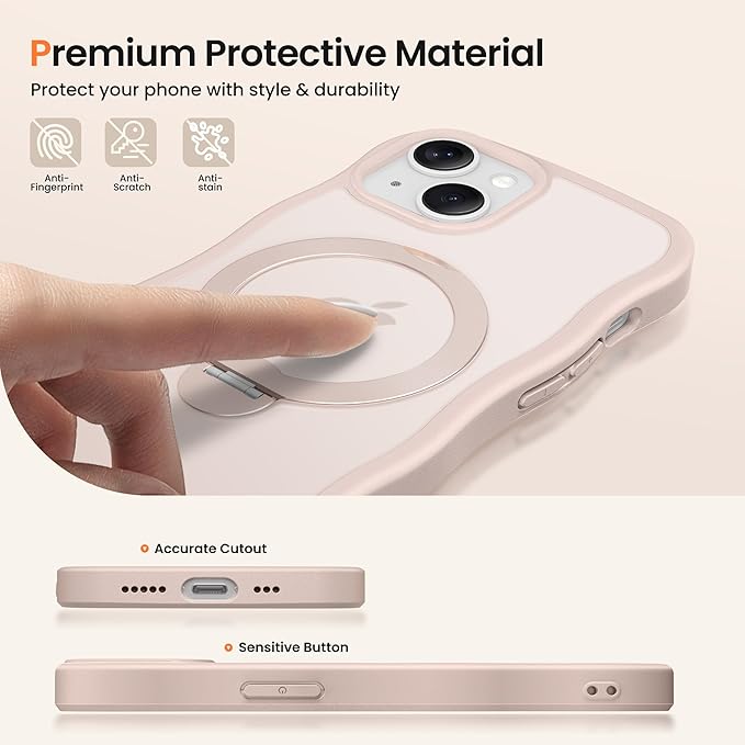 CAPRARO for iPhone 13 Case & iPhone 14 Case with 360° Spin Magnetic Stand for Women, [Compatible with MagSafe] [Camera Protection] Cute Wave Translucent Matte Case for iPhone 13/14, Rose Gold