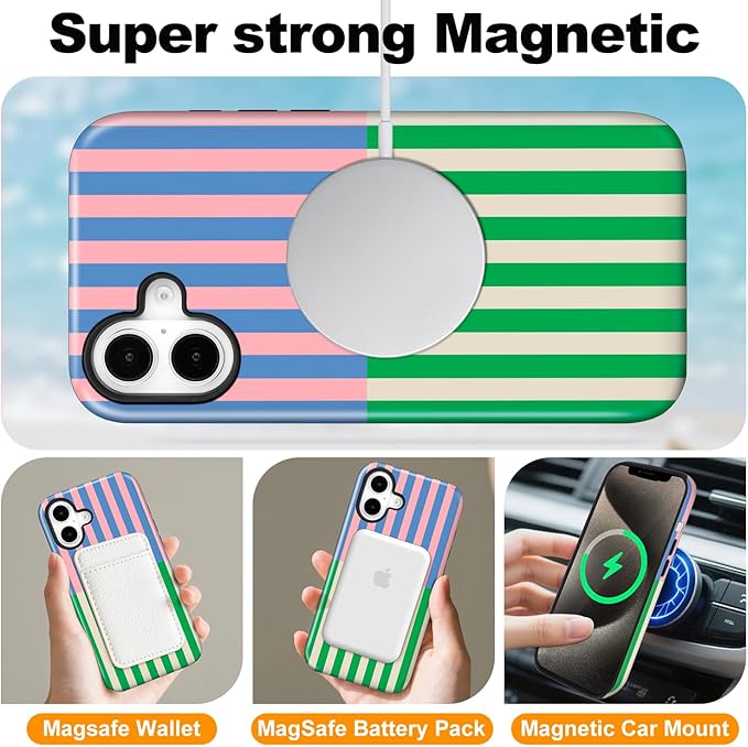 Magnetic for iPhone 16 Plus Case Cute Stripes Phone Case, Shockproof Slim TPU and Hard PC Protective Phone Cover Compatible with MagSafe Designed for Women Girls, Gray