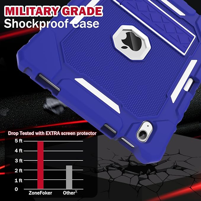 ZoneFoker Case for iPad (A16) 11th/10th Generation 11/10.9 inch 2025/2022, Heavy Duty Military Grade Shockproof Rugged Cover with Pencil Holder/Stand for i Pad 11th / 10 th Gen (Deep Blue)