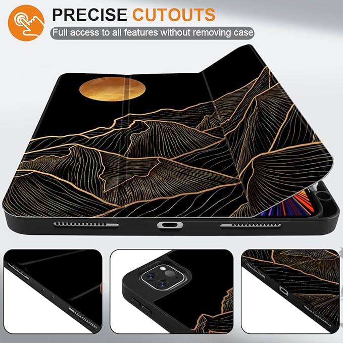 DONGKE Case for iPad Pro 12.9 inch 6th Generation 2022, Built-in Pencil Holder + Trifold Stand + Auto Wake/Sleep + Protective Cover for iPad Pro 12.9 5th/4th/3rd Gen - Golden Mountain