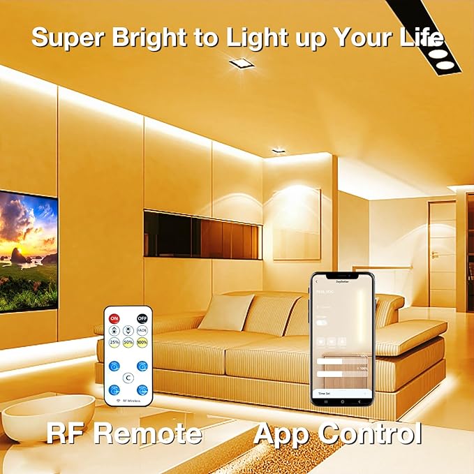 DAYBETTER COB LED Strip Light,LED Lights for Bedroom 16.4ft,Warm White 3000K Dotless LED Light Strip,1600 LEDs Super Bright Dimmable 24V Flexible Tape Lights with Remote,Kitchen,Cabinets Lighting