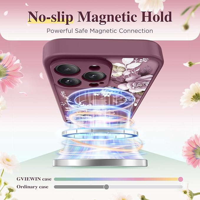 GVIEWIN for iPhone 16 Pro Max Case Compatible with MagSafe, [Military Grade Protection] [Screen Protector] Full Camera Protection Floral Translucent Women Magnetic Phone Case, Cherry Blossoms/Burgundy