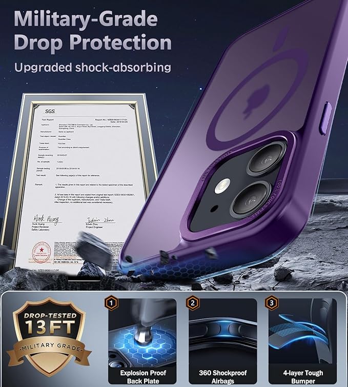 Newfuture Designed for iPhone 11 Case with Strong Magnetic [13 FT Military Drop Protection] [Compatible with Magsafe] Slim Translucent Matte Shockproof with Anti-Fingerprint Phone Case, Deep Purple