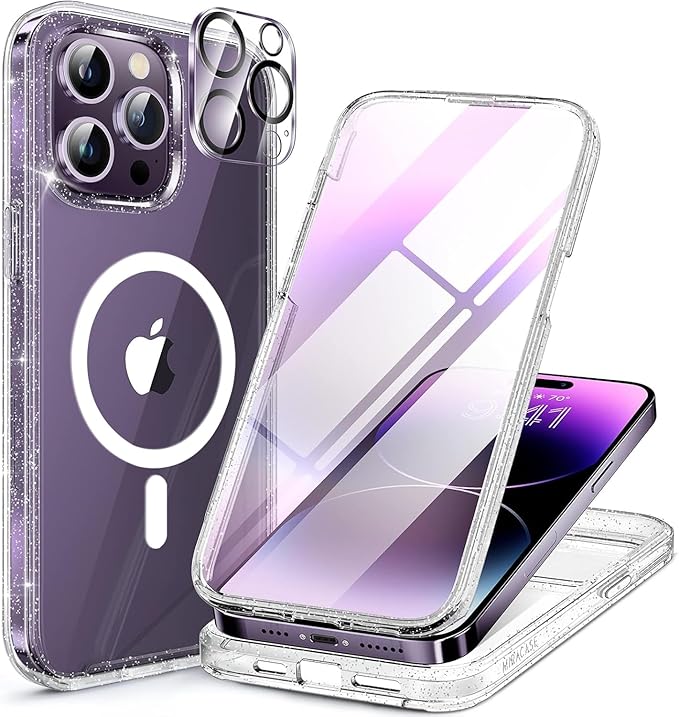 Miracase Magnetic for iPhone 14 Pro Max Case 6.7 inch, (Compatible with MagSafe) Upgrade Full-Body Clear Phone Bumper Case with Built-in 9H Tempered Glass Screen Protector, Magnetic Glitter Clear