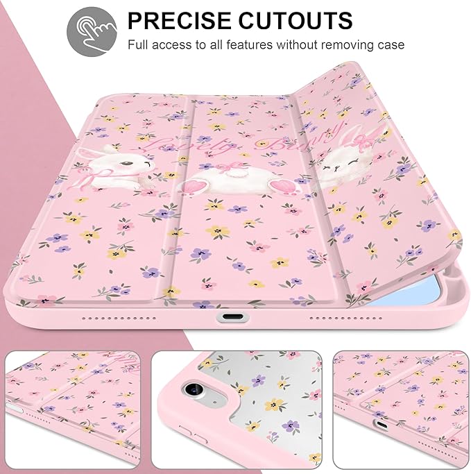 Case for iPad Air 13 inch 2026 M4 2025 M3 2024 M2 Release Slim Lightweight Shockproof Cute Light Pink Cover with Clear Back TPU Edge Pencil Holder Trifold Stand Auto Wake Sleep, White Rabbit