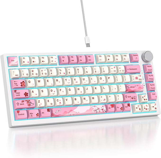 75% TKL Wired Mechanical Keyboard,RGB Backlit Gasket Mount 82 Key Hot Swappable Custom Linear Red Switch Gaming Keyboard with Volume Knob & PBT Keycaps (Pink)