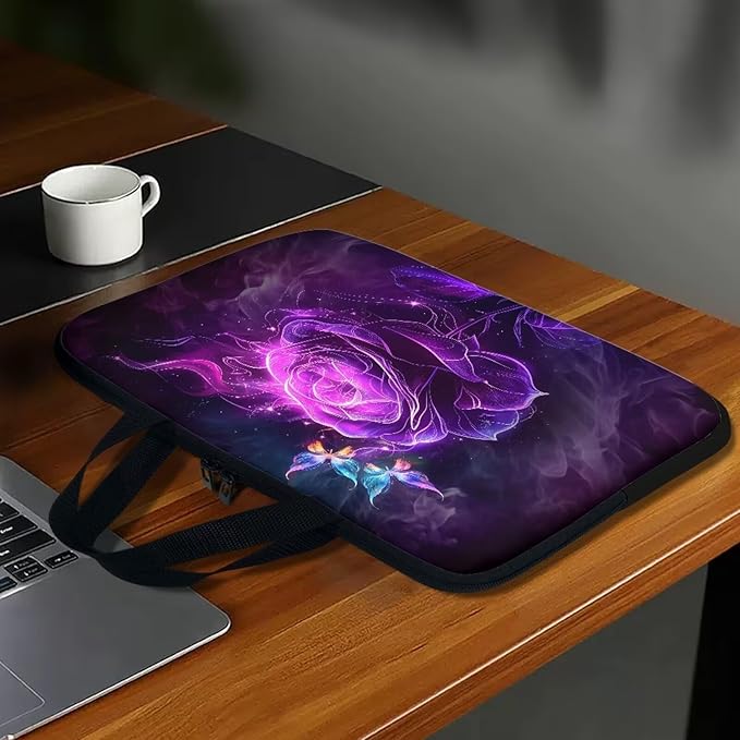 Purple Rose Butterfly Laptop Sleeve 10 Inch, Laptop Tote Bag for Women Girls, Waterproof Computer Tablet Handbag Case with Handle, Carrying Case Laptop Cover for Travel/Business/School