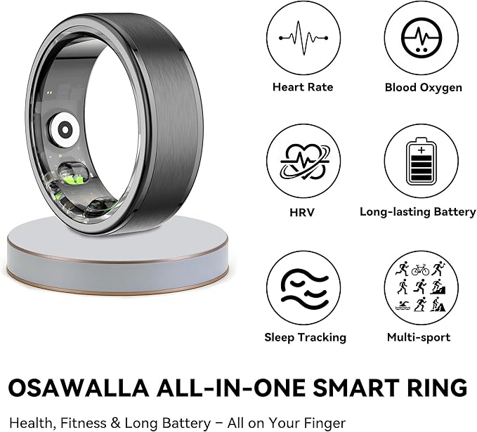 Smart Ring for Women Men,Fitness Ring with 24/7 Activity Tracking,Stress,Sleep Monitoring,No APP Subscription Fees,Compatible with iOS & Android, HarmonyOS Black, 9#