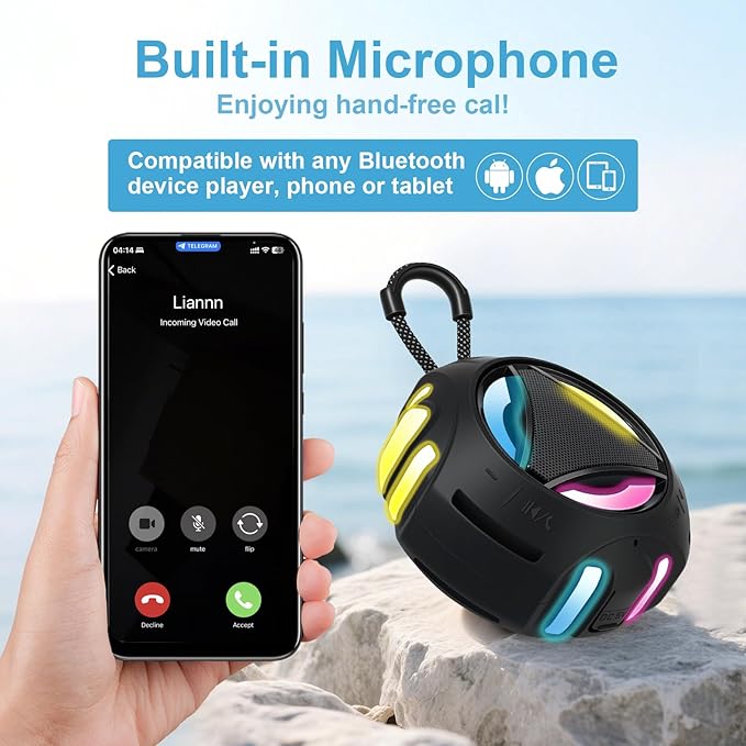 Bluetooth Shower Speaker Waterproof, Portable Bluetooth Speakers Wireless, Outdoor, Floating IPX7, Built-in Mic, 24H Playtime with LED Lights, Loud HD Sound, Powerful Bass, Gifts for Unisex - Black