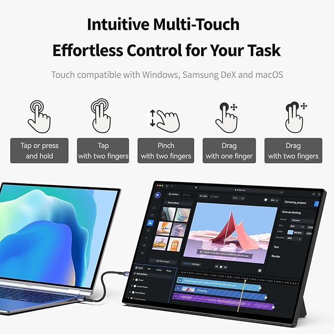 Intehill 16" 120Hz Touchscreen Portable Monitor, Portable Gaming Monitor w/Stand & Speakers, 16:10 Display with Full Laminated Tempered Glass, Touch Screen Travel Monitor for Laptop, T16PB (Black)