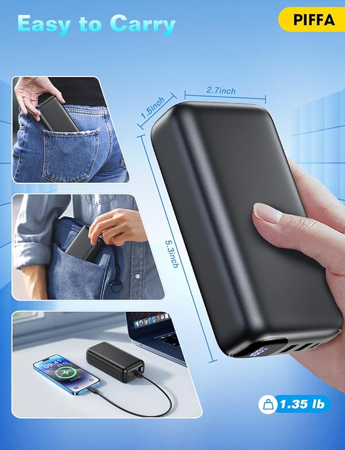 PIFFA Portable Charger Power Bank - 50000mAh Battery Pack, 22.5W Fast Charging Powerbank,Travel Essential for Portable Phone Charger, USB-C Phone Charger for iPhone 17/16/15/14/13 Samsung Google-Dark