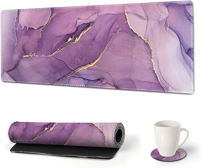 AIMSA Large Gaming Mouse Pad Extended Mouse Pad with Stitched Edge, Keyboard Mouse Mat Non-Slip Rubber Base Desk Pad 31.5x11.8 inch for Office Home Game Work, Purple Marble