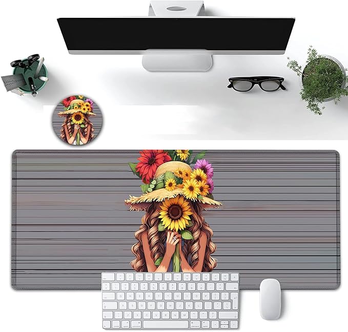 Large Mouse Pad, 31.5 x 11.8in Extended Gaming Mouse Pad with Stitched Edges, XXL Mousepad Protector Non Slip Rubber Base for Office and Home Writing Mat, Sunflower Girl Pattern Desk Mat