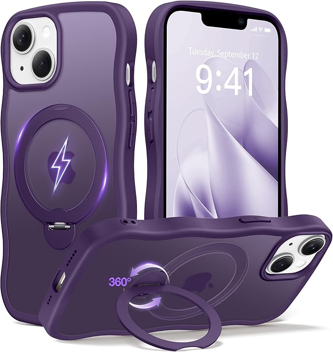 CAPRARO for iPhone 13 Case & iPhone 14 Case with 360° Spin Magnetic Stand for Women, [Compatible with MagSafe] [Camera Protection] Cute Wave Translucent Matte Case for iPhone 13/14, Deep Purple