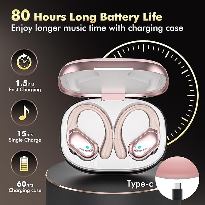 HAOYUYAN Sports Bluetooth Headphones, 80Hrs Playtime Wireless Earbuds with LED Power Display, IPX7 Waterproof Earphones for Workout/Running, Noise Canceling Headset Ear Buds
