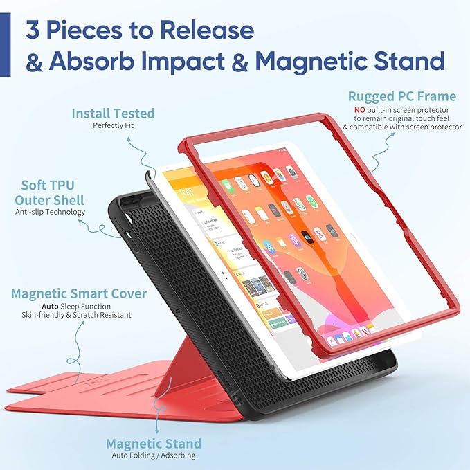 SEYMAC stock Case for iPad 6th/5th Generation/Air 2/Pro 9.7'', Strong Magnetic Auto Sleep Shockproof Case with Absorbing Multi-Angles Stand, Pen Holder, Card Slot (Red)
