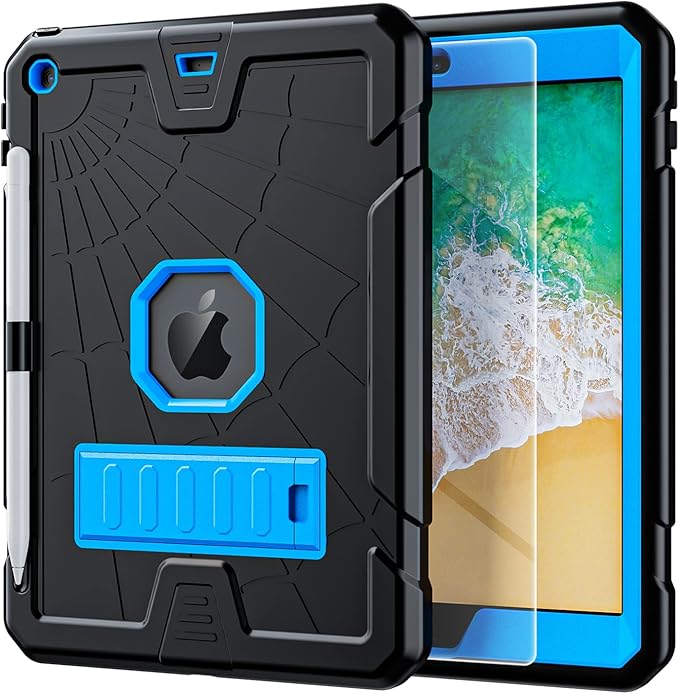 TSQQST iPad 5th Generation Case 9.7 Inch for Kids 2017 | iPad Case 6th Generation 2018 with Glass Screen Protector+Pencil Holder+Stand | Slim Rugged Case for iPad 6th 5th Gen 9.7" | Black Blue