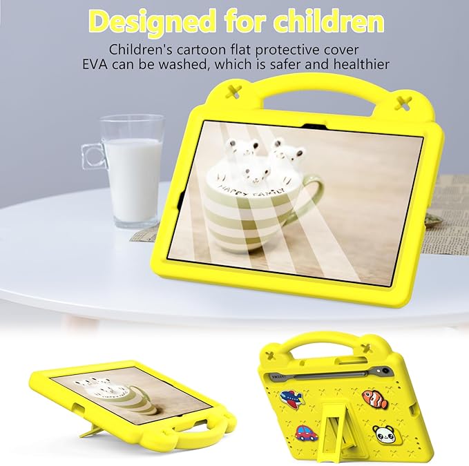 AKABEILA Compatible with Samsung Galaxy Tab S10 FE 2025 Tablet Case, Kids Friendly Universal Lightweight Shockproof Protective Case with Shoulder Strap & Stand Handle Yellow