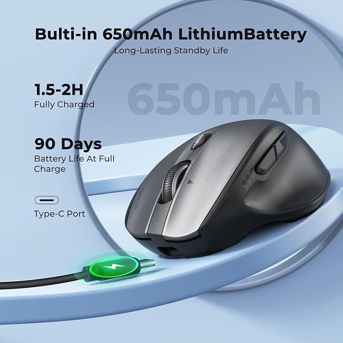 Doci Wireless Bluetooth Mouse, Tilt Wheel 4-Way Scrolling Mice, LED Rechargeable Ergonomic Mouse, 4 Adjustable DPI with 7 Buttons, Dual Mode USB+BT1+BT2, Mouse for Laptop/PC/Computer/iPad/Mac/Windows