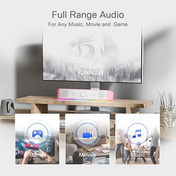 Redragon GS560 RGB Desktop Soundbar, 2.0 Channel Computer Speaker with Dynamic Lighting Bar Audio-Light Sync/Display, Touch-Control Backlit with Volume Knob, USB Powered w/ 3.5mm Cable, Pink
