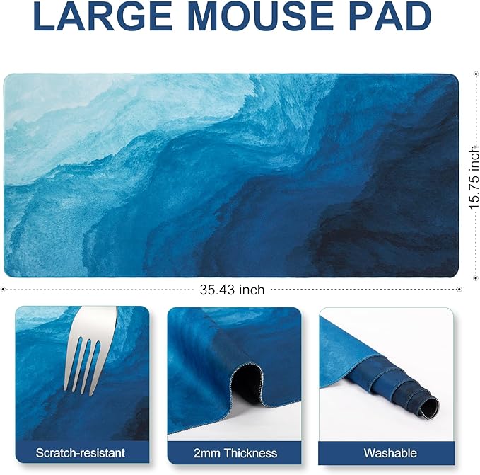 L-SPOUTTO Blue Desk Mat Gaming Mouse Pad XXL Large Mouse Pad Non-Slip Rubber Base Keyboard Pad Waterproof Desktop Mat for Laptop Computer Work Game Home Office-Blue Wave