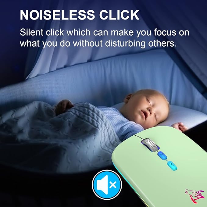 HOTLIFE LED Wireless Mouse, Slim Rechargeable Silent Portable USB Optical 2.4G Wireless Bluetooth Two Mode Computer Mice with USB Receiver and Type C Adapter (Green)