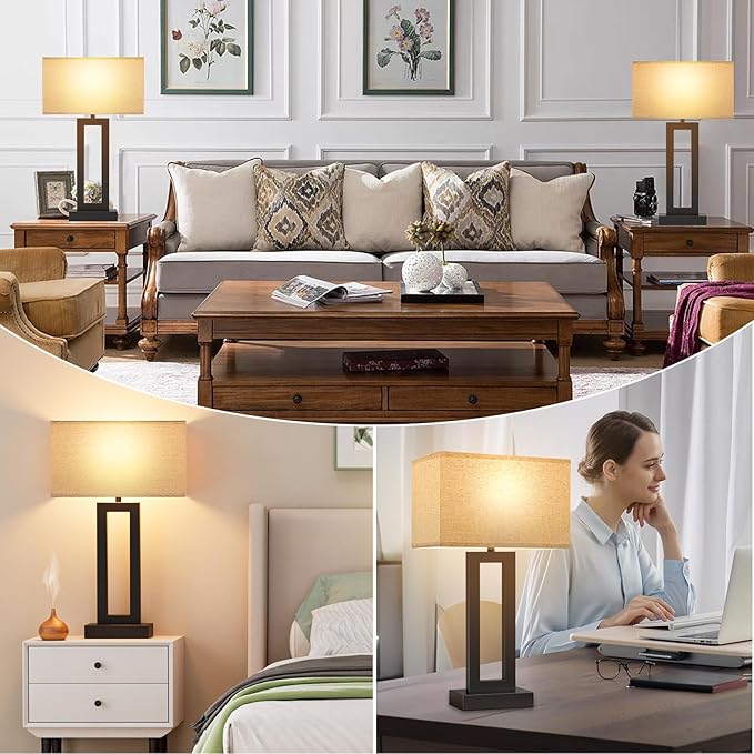 Seealle 22" Tall Living Room Lamps for Night Stands - Touch Bedside Lamp with USB C+A, 3 Way Dimmable Bedroom Lamps for End Tables Set of 2, Modern Night Stand Lamps for Bed Side(Beige&Black)