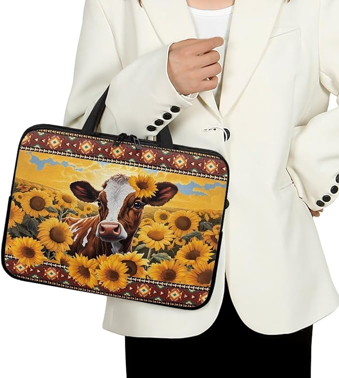 17 Inch Laptop Sleeve, Laptop Cover Computer Bag Tablet Carrying Case with Handle, Tribal Sunflower Cow Water-Repellent Tote Bags Notebook Sleeves Handbag Messenger Briefcase