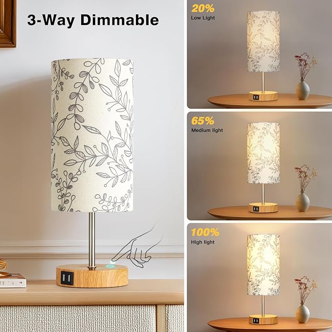 CINSARY Bedside Touch Lamps for Nightstand with 2 USB Charging Ports, 3 Way Dimmable Wood Bedroom Lamp with Flower Fabric Shade, Small Table Lamp for Living Room Reading Desk (LED Bulb Included)