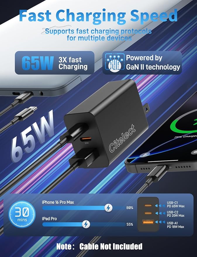 2Pack 65W USB C Charger Block, 3Port Fast Charging Adapter, Type C Fast Charging Blocks Cube PD USBC Wall Plug+QC3.0 USB A Charger Brick for MacBook Pro/Air,iPad,iPhone 17/16,SamsungS26/S25&More-Black