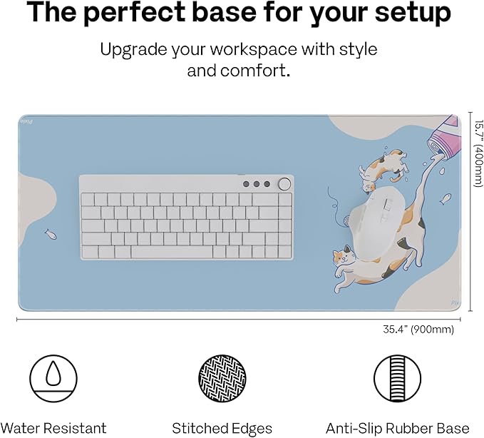 Pixio Mouse Pads - 36 x 16 inch XXL Milky Cats Blue Multifunctional Large Desk Mats for Gaming, Office, Desktop Anti-Slip Waterproof Washable Computer Mouse Mat