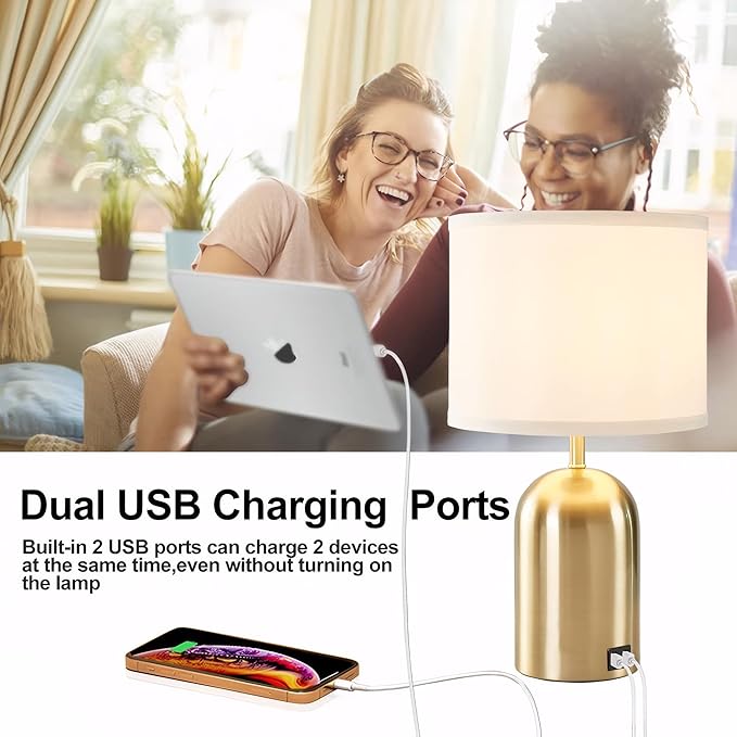 GyroVu Bedside Lamp with USB Port, Touch Control Table Lamp for Bedroom, Dimmable Modern Nightstand Lamp with Fabric Shade Gold Base for Living Room, Dorm, Home Office, LED Bulb Included