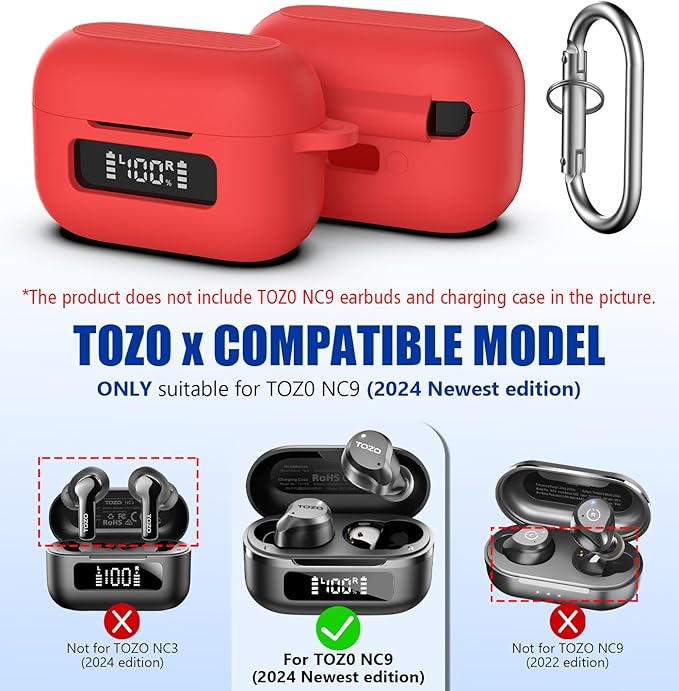 for TOZ0 NC9(2024) Case Cover, Silicone Protective Battery Display Visible Design Cover ONLY for TOZO NC9 Hybrid Active Noise Cancelling Wireless Earbuds 2024 Version with Carabiner-Red