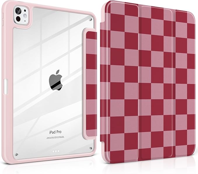 TWOLSKOO Case for iPad Pro 11-inch (M5 2025 / M4 2024), Clear Acrylic Back with TPU Bumper, Pencil Holder, Trifold Stand, Auto Sleep/Wake, Pink Checkerboard