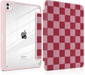 TWOLSKOO Case for iPad Pro 11-inch (M5 2025 / M4 2024), Clear Acrylic Back with TPU Bumper, Pencil Holder, Trifold Stand, Auto Sleep/Wake, Pink Checkerboard