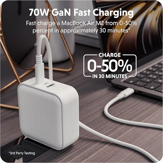 HyperJuice® 70W GaN Safety Tested Travel Charger - Tri-Port GaN Charger for iPhone, iPad, MacBook, Smartphone, & Laptop - Compact Type C Charger Fast Charging Phone Charger for 3 Devices (White)