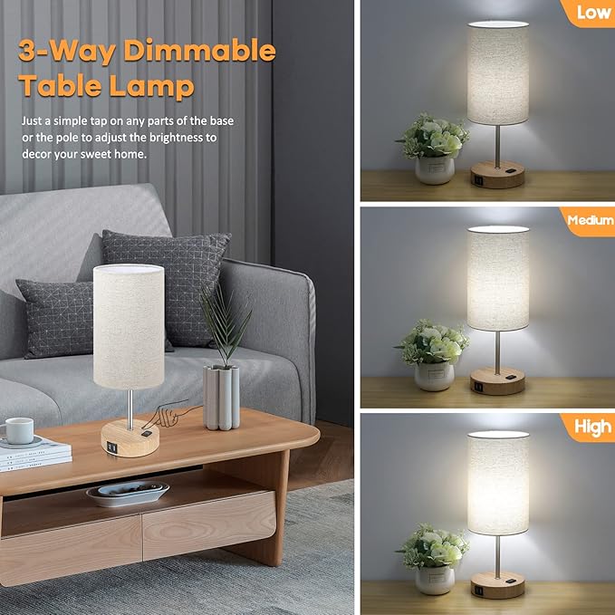 Bedside Table Lamps with 2 USB Charging Ports & AC Outlet, Set of 2 Touch Control Wooden Base Nightstand 3-Way Dimmable Lamps with Beige Fabric Shade for Bedroom, Living Room, A19 E26 Bulbs included