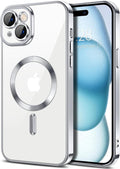 Hython Magnetic Clear for iPhone 15 Case with Camera Lens Protector [Compatible with MagSafe] Luxury Plating Edge Slim Soft TPU Cover Protective Phone Case for iPhone 15 6.1", Silver