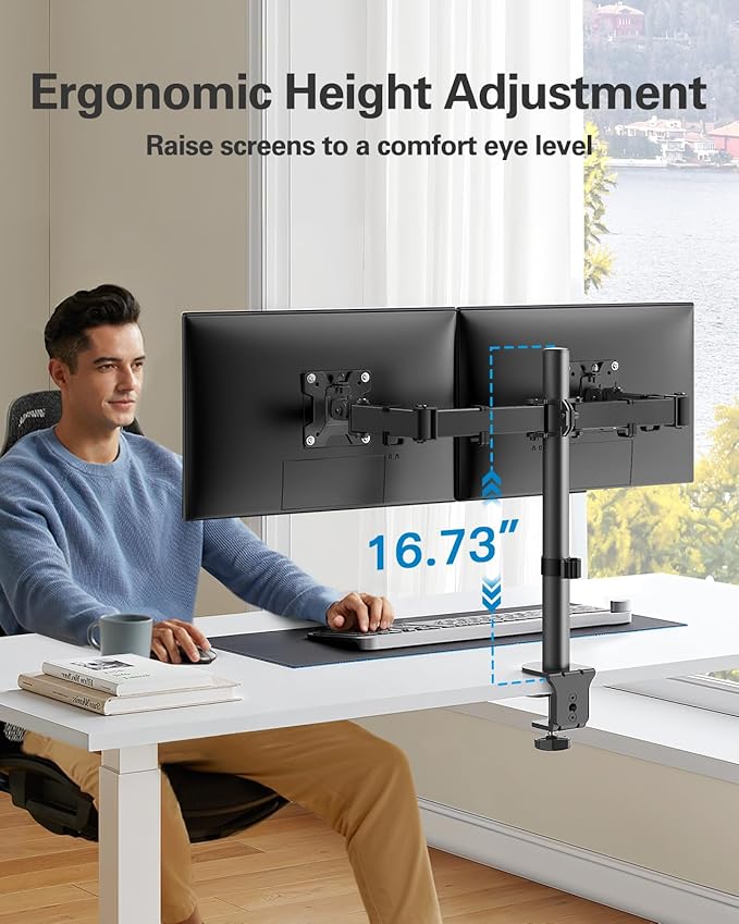 HUANUO Dual Monitor Mount up to 32 Inch Screens, Heavy-Duty Steel Dual Monitor Stand, Full Motion Adjustable Arm with Tilt, Swivel, Rotate, Holds up to 17.6 lbs per Arm, VESA 75/100mm