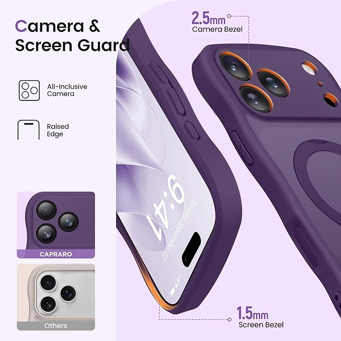 CAPRARO for iPhone 17 Pro Case with 360° Spin Magnetic Stand for Women, [Compatible with MagSafe] [Full Camera Protection] Cute Wave Translucent Matte Case for iPhone 17 Pro, Deep Purple