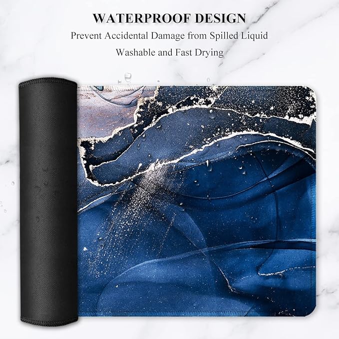 Auhoahsil Large Mouse Pad, XXL Desk Pad, Extened 35" x 15", Non-Slip Rubber Base, Stitched Edges, Superior Surface, Waterproof Keyboard Mat, Large Mousepad for Gamer, Office & Home, Ink Navy Marble