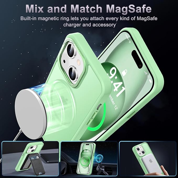 Newfuture Magnetic for iPhone 15 Case [Compatible with Magsafe] [Military Grade Drop Protection] Translucent Matte Anti-Fingerprint Shockproof Phone Case for iPhone 15 6.1 inch, Matcha Green