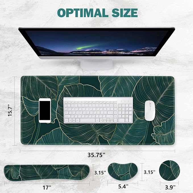 ToLuLu Extended Gaming Mouse Pad, Memory Foam Ergonomic Keyboard Mouse Wrist Rest Support Set, Large Desk Mat with Stitched Edges, Non-Slip Base Mousepad for Home Office Game, Green Golden Leaves