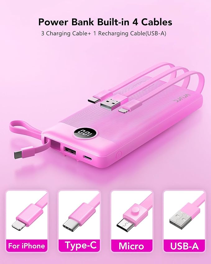 VRURC Power Bank for iPhone, Compact Portable Charger Built in Cables, 10000mAh Flight-Safe Battery Pack,5 Output USB C External Phone Charger for iPhone 17 Pro 17 16 15 14 13,Samsung-Purple(1 Pack)