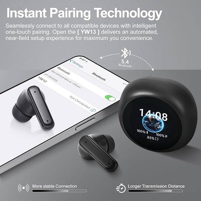 Wireless Earbuds, ANC/ENC Noise Cancelling Earbuds with Touch Screen, Bluetooth 5.4 Ear Buds with LED Charging Case, 40H Stereo Sound, IPX7 Waterproof Earphones with 6 EQ Modes for iOS Android (Black)