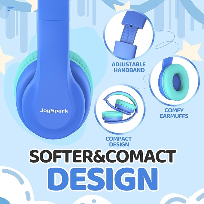 JoySpark Kids Bluetooth Headphones, Lightweight Wireless Headphones for Kids, 85/94dB Volume Limited, 60 Hours Playtime, Bluetooth 5.3, Over-Ear Toddler Headsets with Built-in Mic-Blue