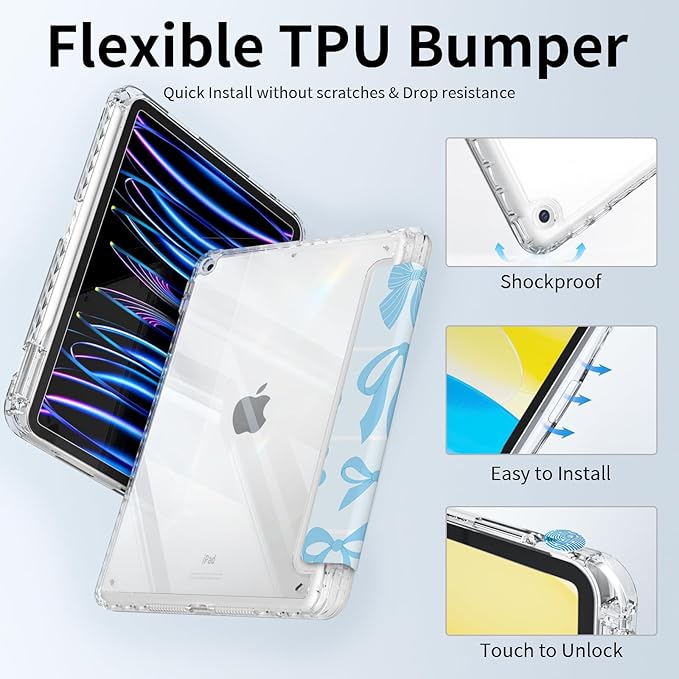 Case for iPad 9th/8th/7th Generation 2021/2020/2019, iPad 10.2 Inch Case with Pencil Holder, Trifold Stand Slim Shockproof Clear Back Cover, Auto Wake/Sleep, Blue Bows