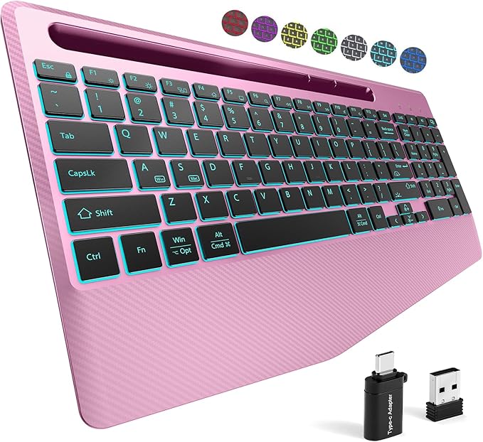 Hamile 2.4G&Bluetooth Wireless Keyboard - Light Up Keyboards with Wrist Rest - 8 Backlit Effects - Slim Rechargeable Silent with Holder for Windows, Mac, Rose Pink