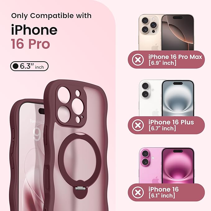 CAPRARO for iPhone 16 Pro Case with 360° Spin Magnetic Stand for Women, [Compatible with MagSafe] [Full Camera Protection] Cute Wave Translucent Matte Case for iPhone 16 Pro, Wine Red